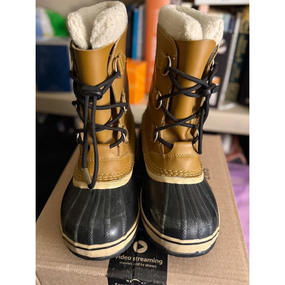 Sorel Yoot Pac Nylon Waterproof‎ Snow Rain Boot Tan Black Faux Fur Women's 5